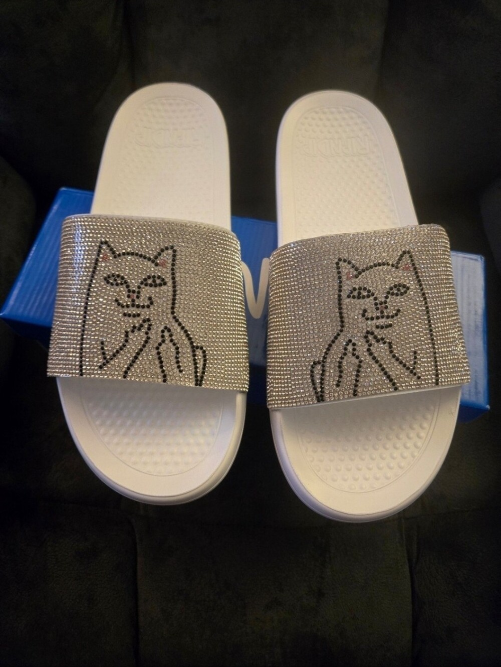 Brand new in the box, RIPNDIP Lord Nermal white & bling rhinestone slides sz 9W